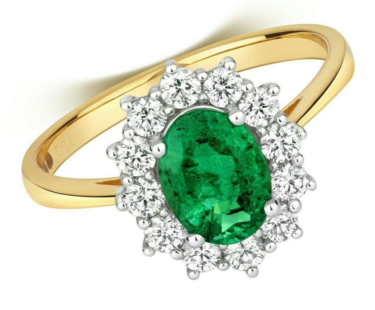 Real Emerald and Diamond Ring 18ct Yellow Gold Oval Cluster 1.74 Carat Weight