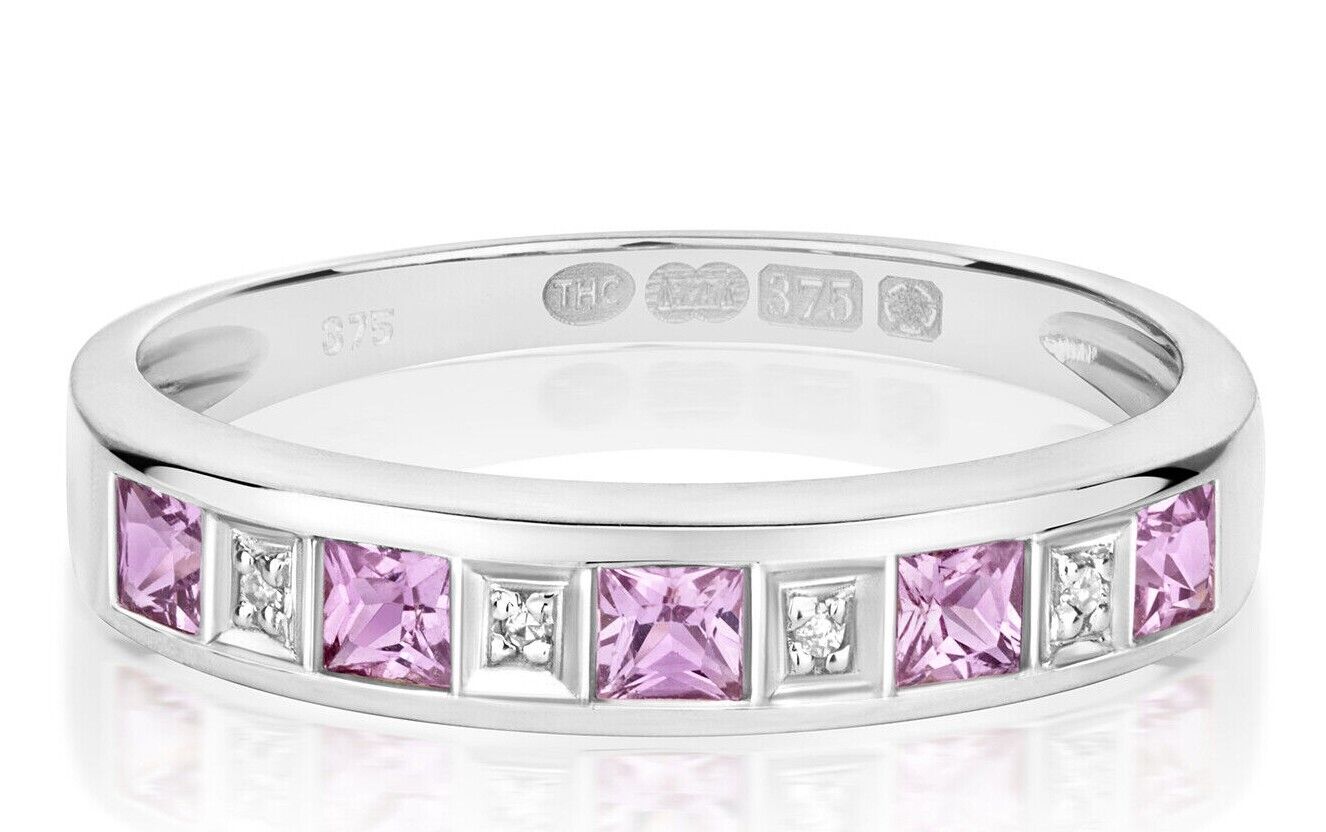 9ct White Gold Pink Sapphire and Diamond Eternity Ring Anniversary Band Size J-Q