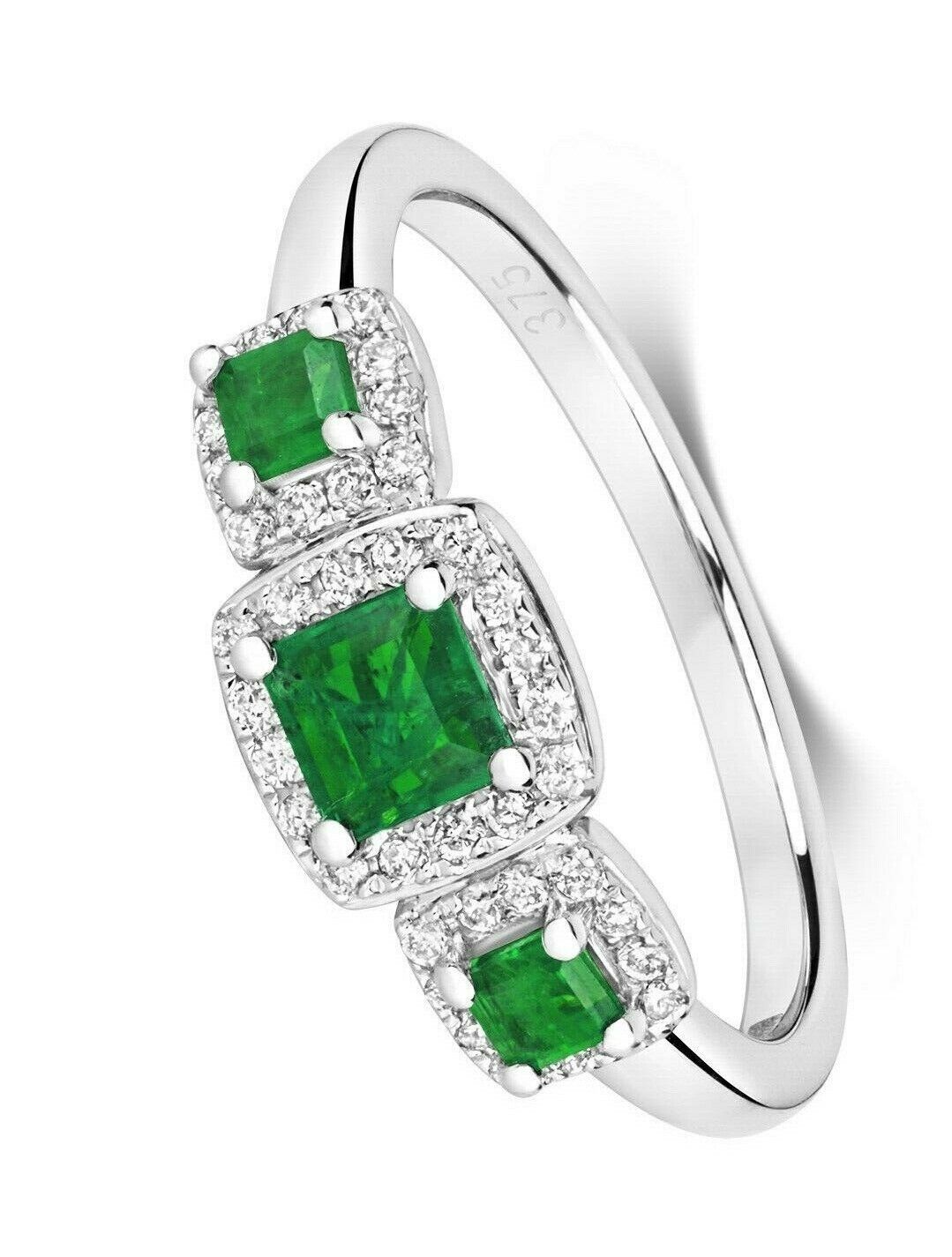 Real Emerald and Diamond Ring 9ct White Gold Three Stone Trilogy Square Cluster