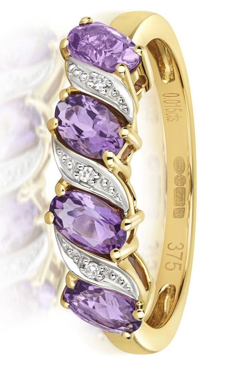 Real Amethyst and Diamond Eternity Ring Solid Yellow Gold Band Size J - Q