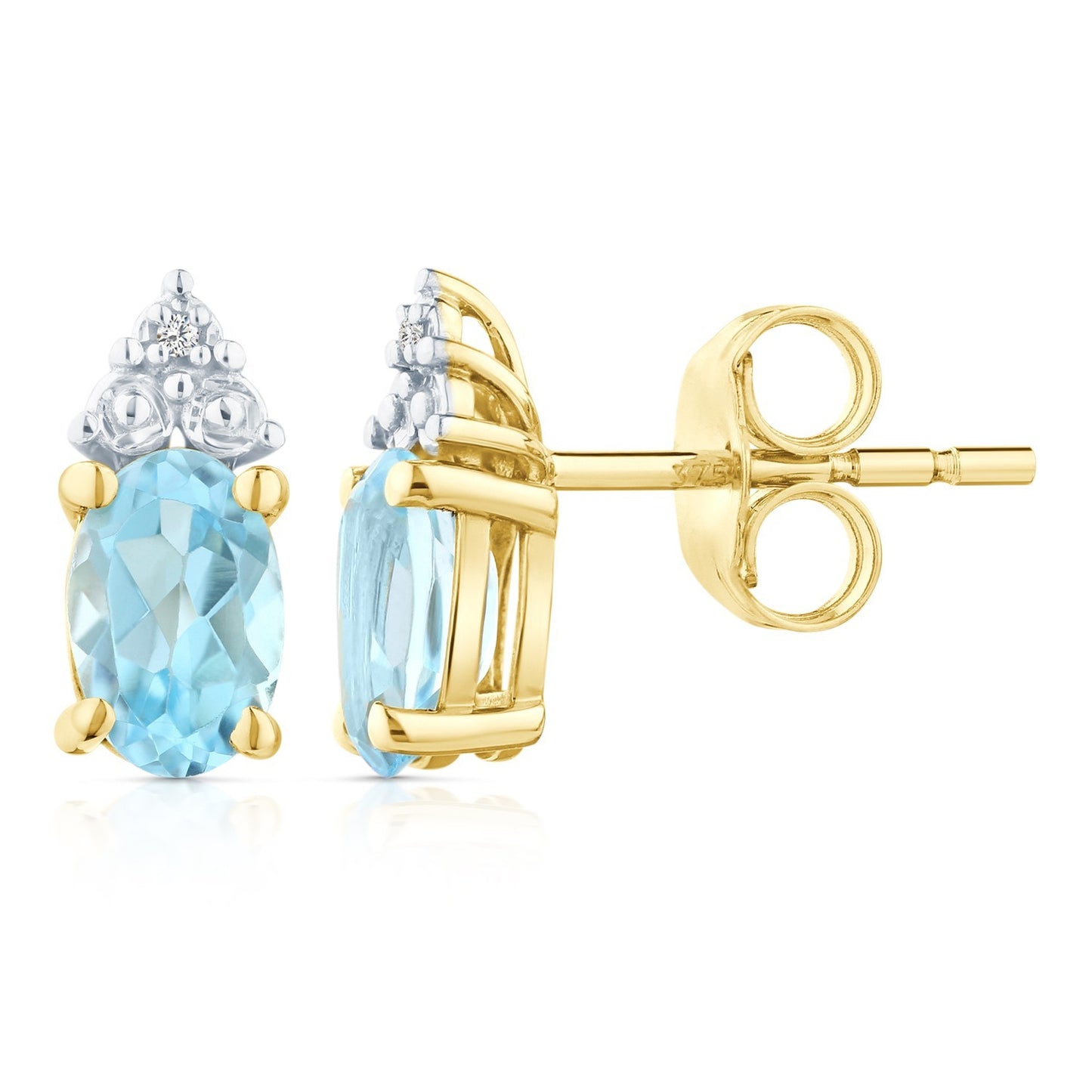 Yellow Gold Natural Blue Topaz & Diamond Accent Oval Stud Earrings