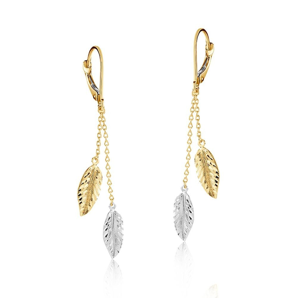 9ct Gold Leaf Drop Earrings Solid Yellow and White Gold 56mm Drops Hallmarked
