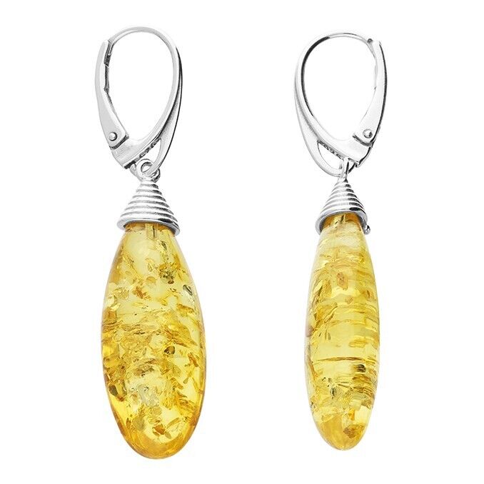 Lemon Amber Lozenge Drop Earrings With a Cone Top Solid Sterling Silver 925