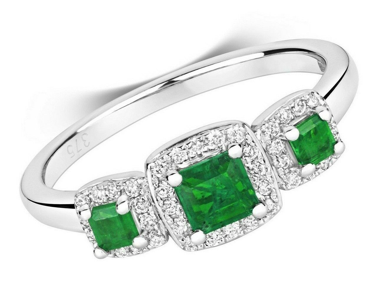Real Emerald and Diamond Ring 9ct White Gold Three Stone Trilogy Square Cluster