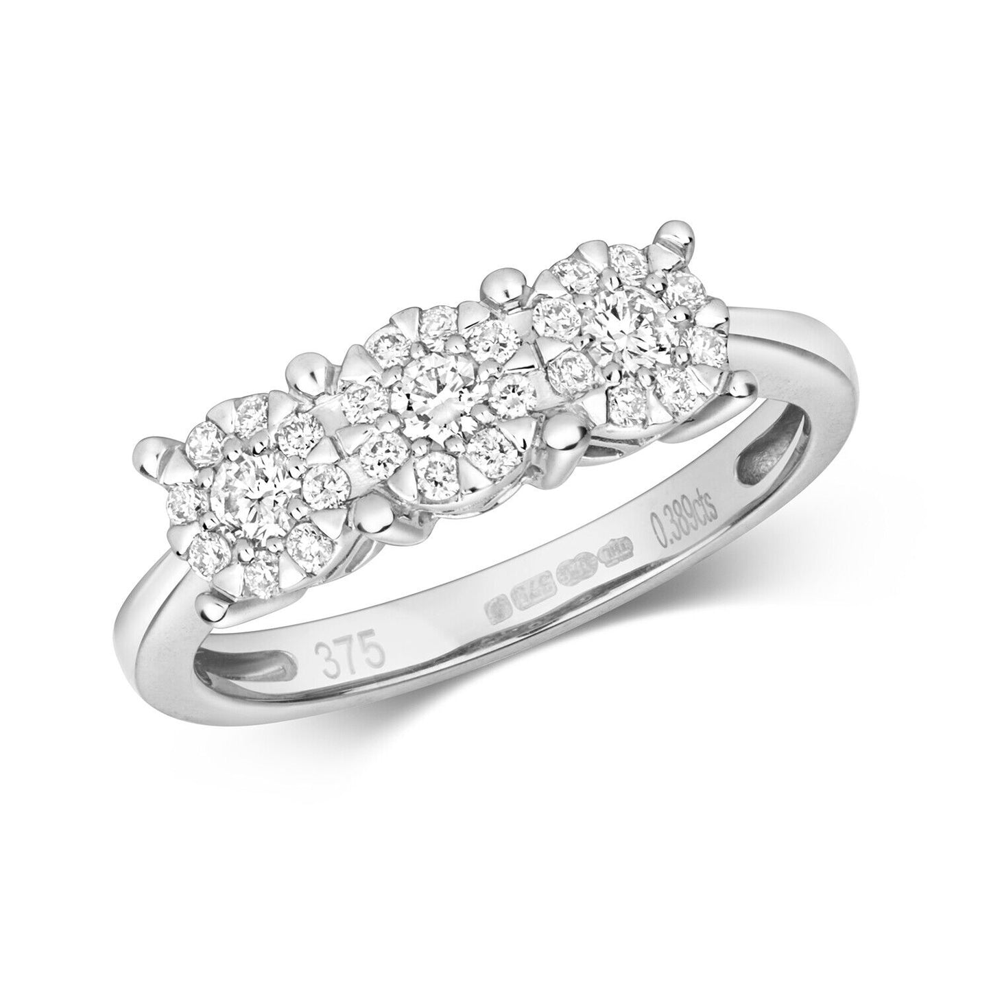Real Diamond Trilogy Ring 9ct White Gold Three Cluster Engagement 0.39ctw