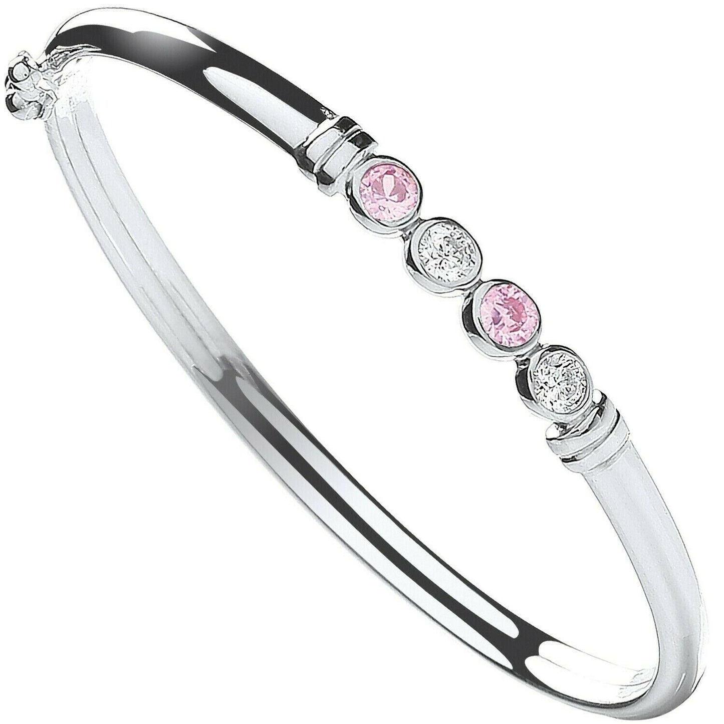 Solid Silver Baby Bangle Pink and White Gemstones Little Girls British Made