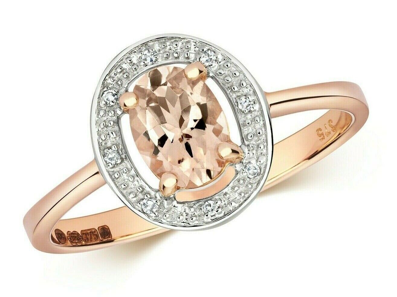 Real Morganite and Diamond Ring Solid Rose Gold Oval Halo Cluster Size J - Q