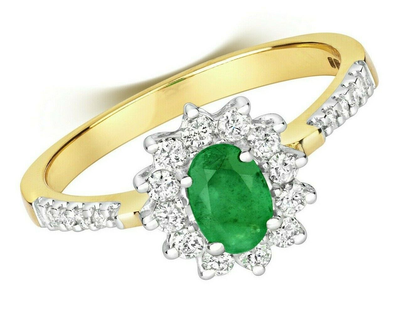 Real Emerald and Diamond Ring 9ct Yellow Gold Oval Cluster Engagement