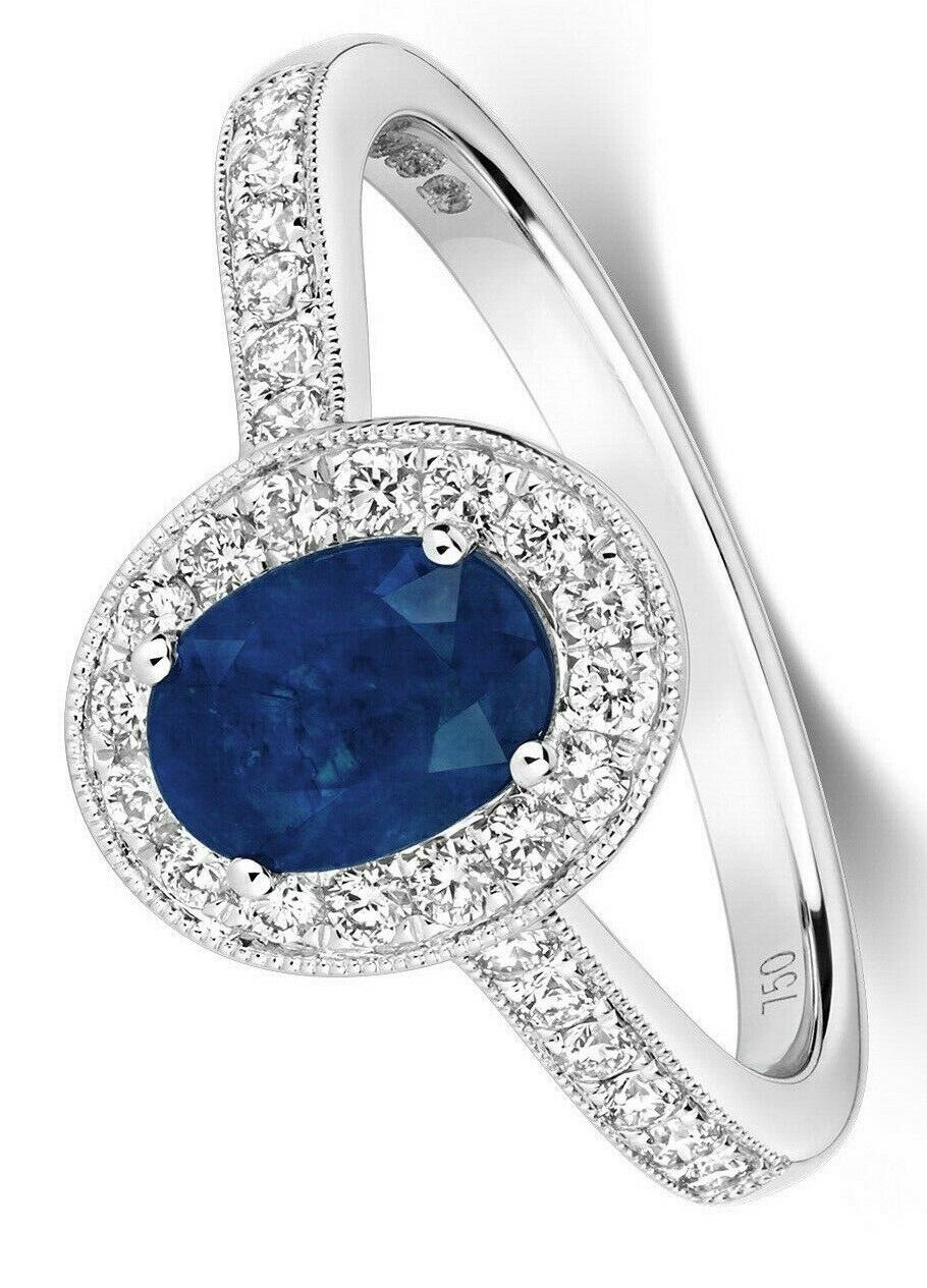 Real Sapphire and Diamond Ring 18ct White Gold Oval Halo Cluster