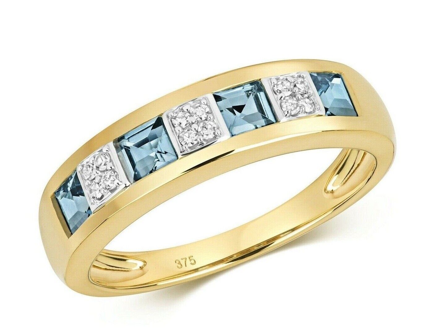 Real Blue Topaz and Diamond Eternity Ring Solid Yellow Gold Princess Cut Band