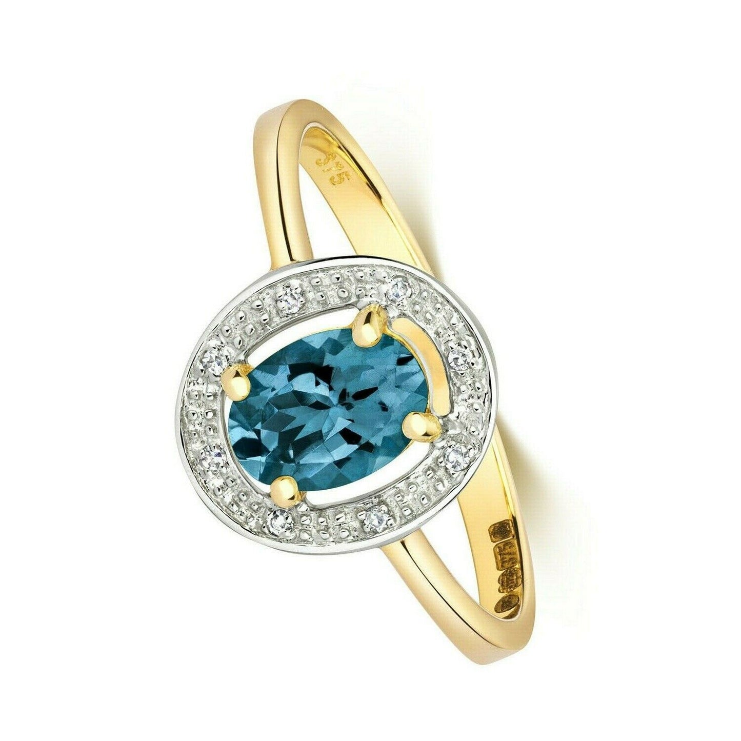 Real London Blue Topaz and Diamond Ring Solid Yellow Gold Oval Halo Size J-Q