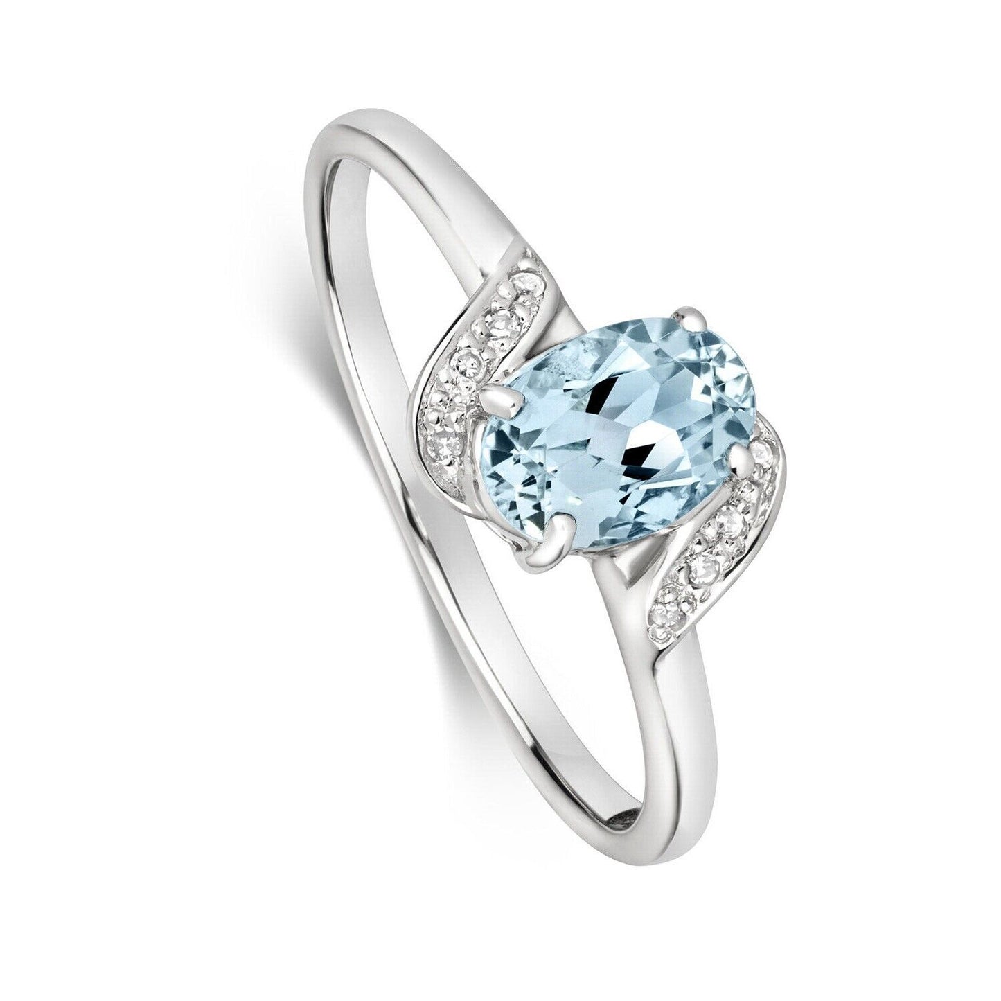 Real Aquamarine and Diamond Ring Solid White Gold Oval Twist Solitaire Sizes J-Q