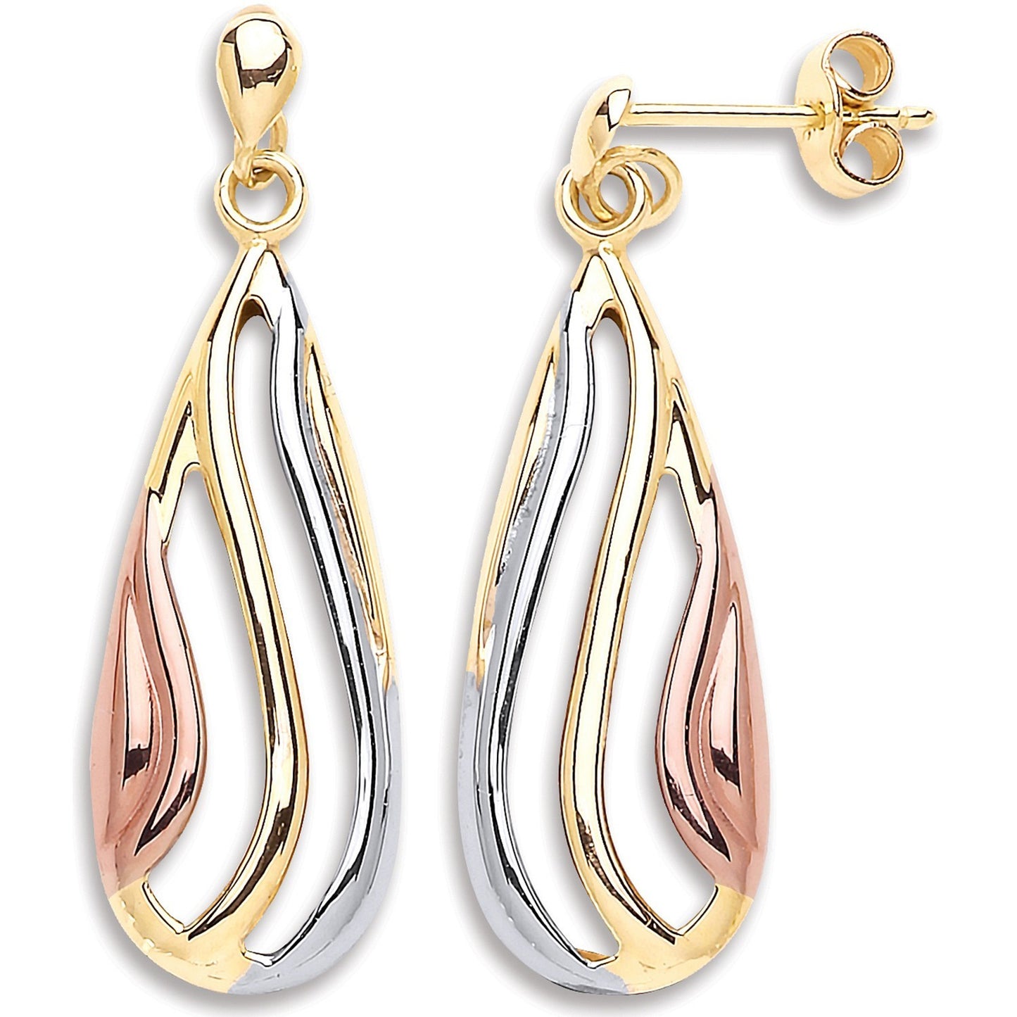 Multi Tone Gold Teardrop Earrings 9ct Yellow White and Rose Drops Hallmarked