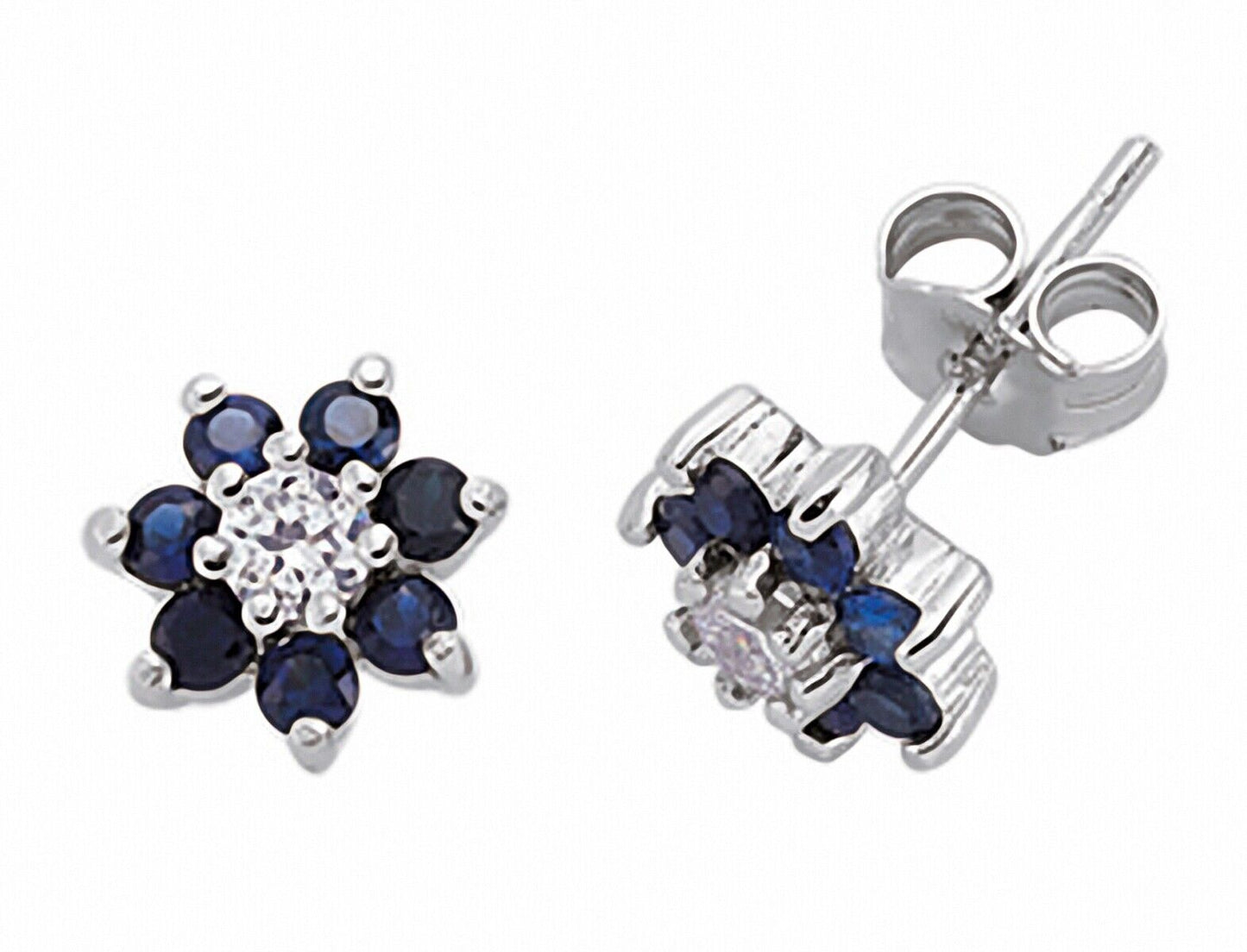 Sapphire Cluster Stud Earrings Sterling Silver Rhodium Plate 925 Hallmark 8mm