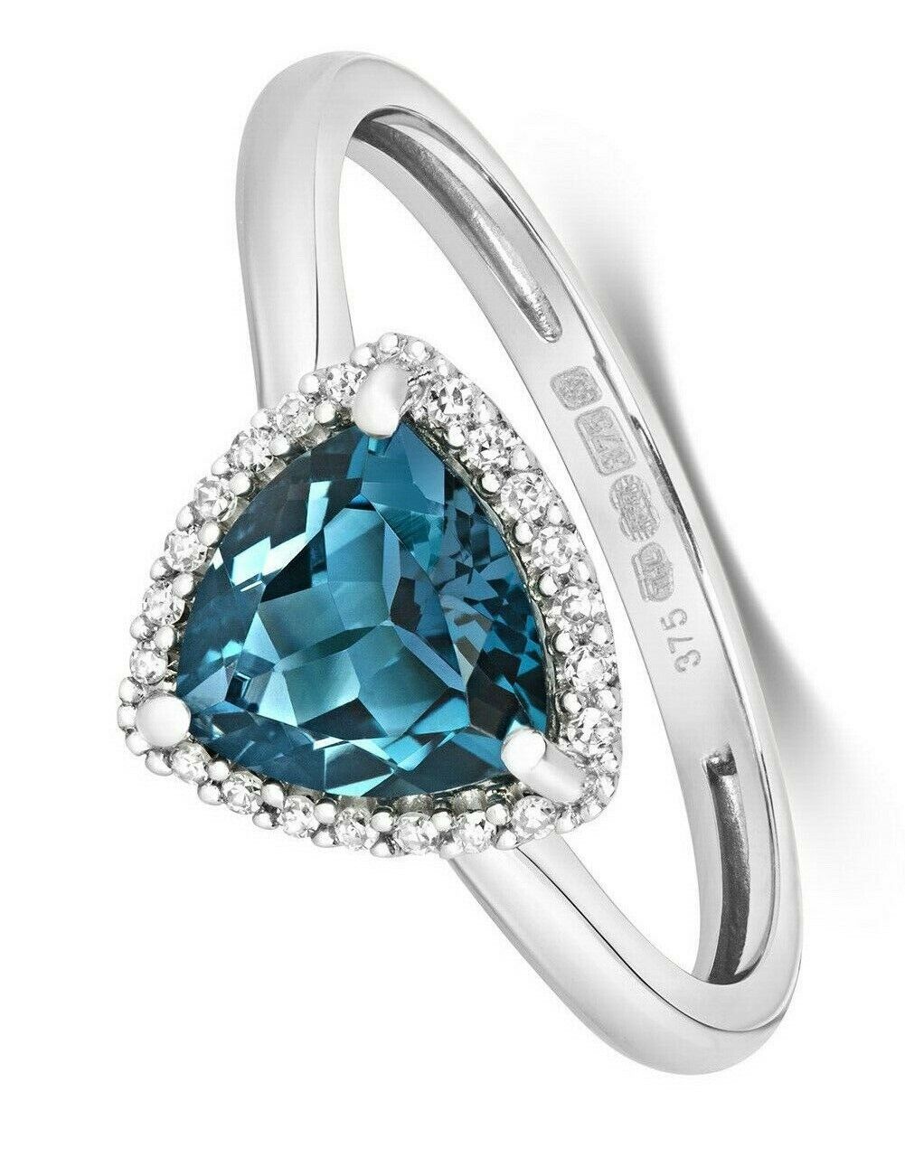 Real London Blue Topaz and Diamond Ring Solid White Gold Trillion Triangle
