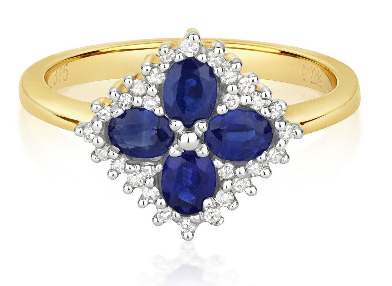 Real Sapphire and Diamond Ring 9ct Yellow Gold Four Oval Cluster Size JKLMNOPQ