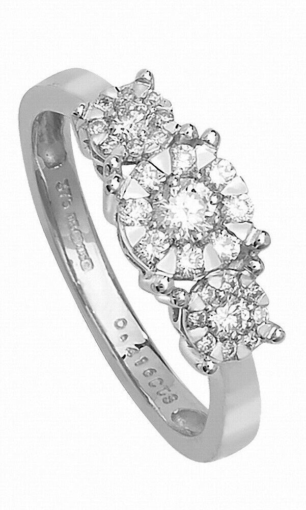 Real Diamond Three Cluster Ring 9ct White Gold 0.41 carat of Diamonds