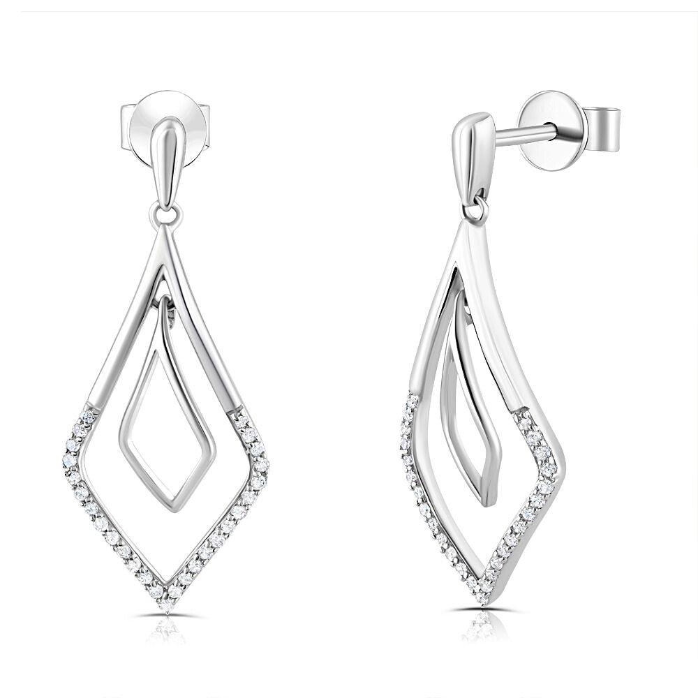 9ct White Gold Drop 0.15ct Diamond Earrings 28mm Length Hallmarked