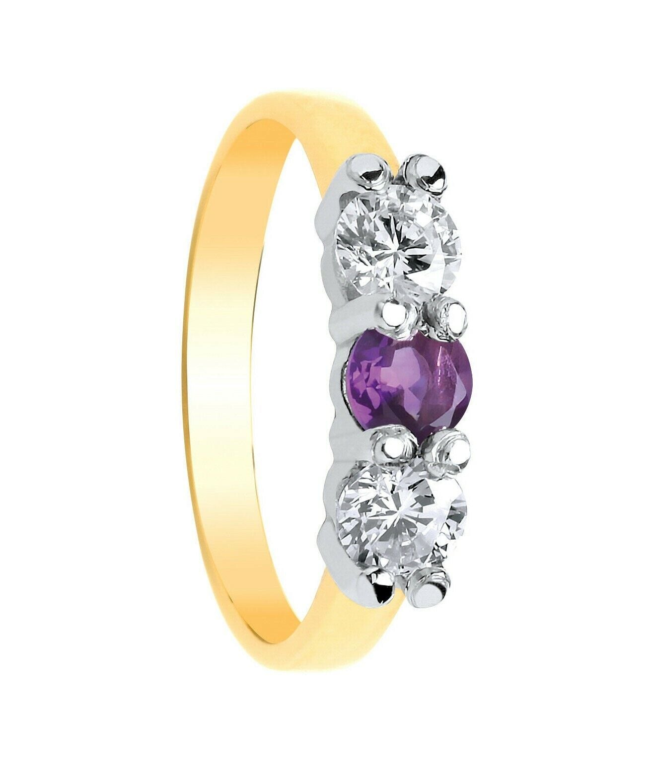 Real Amethyst Trilogy Ring 9ct Yellow Gold Three Stone Engagement Full Hallmark