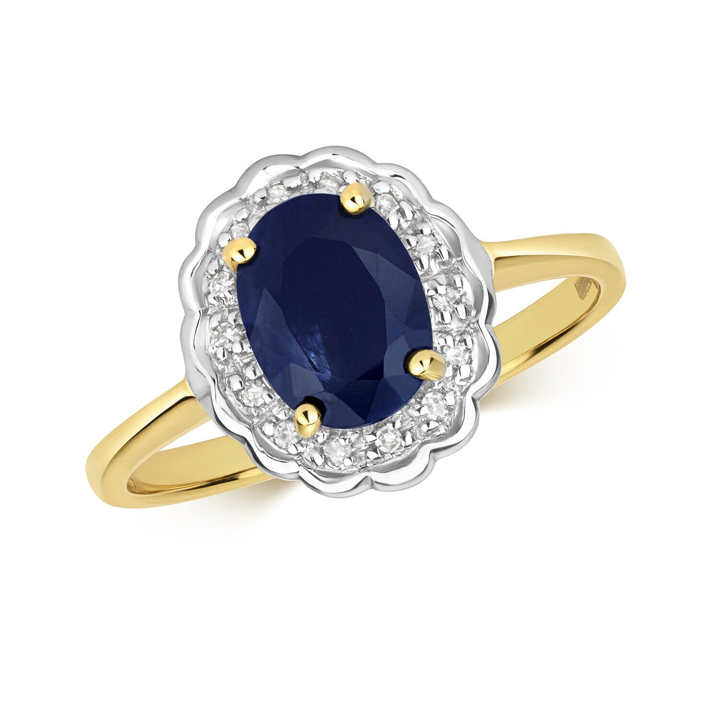 9ct Yellow Gold Sapphire and Diamond Ring Oval Cluster Size JKLMNOPQ
