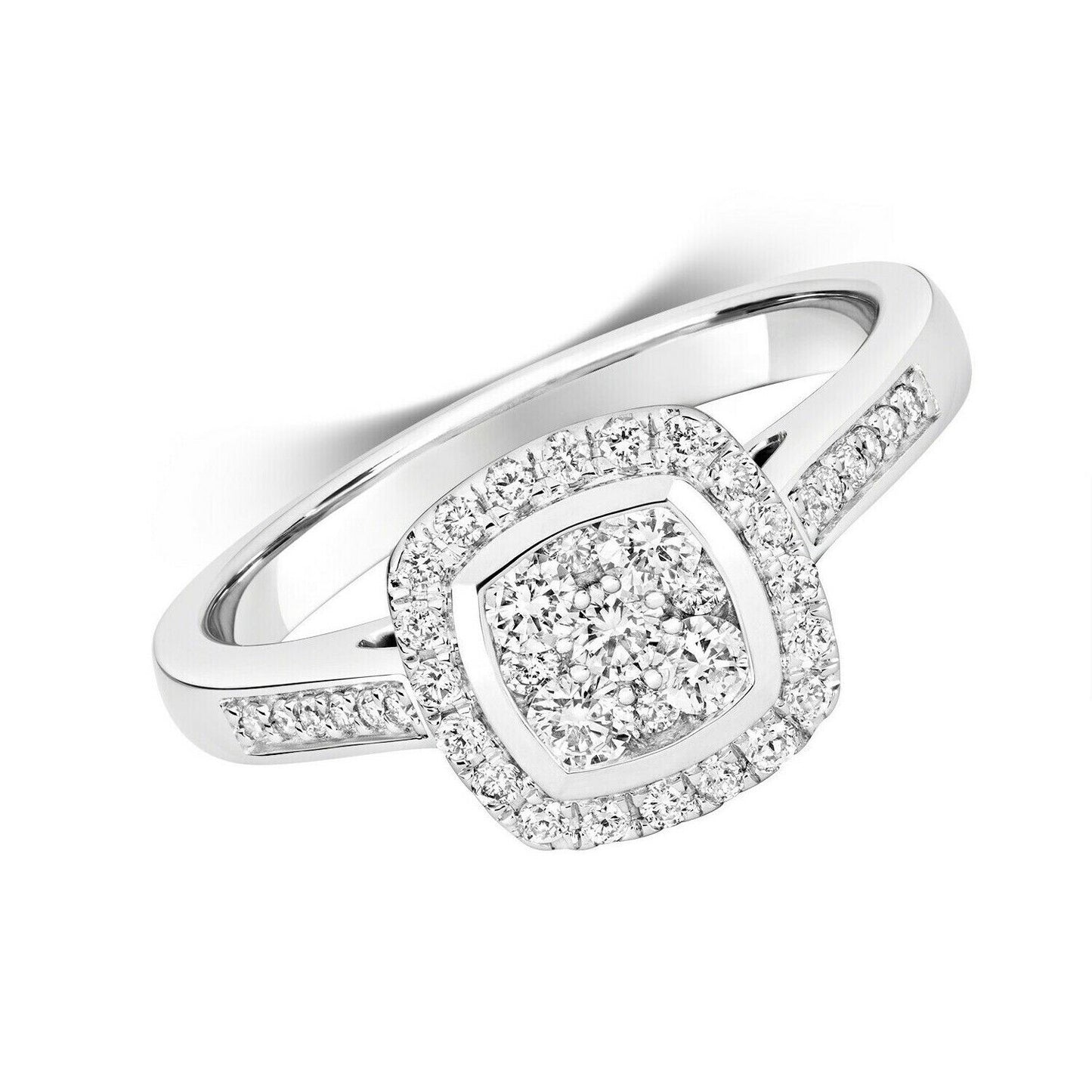 Real Diamond Ring 9ct White Gold Square Cushion Cluster Halo 0.50 Carat Weight