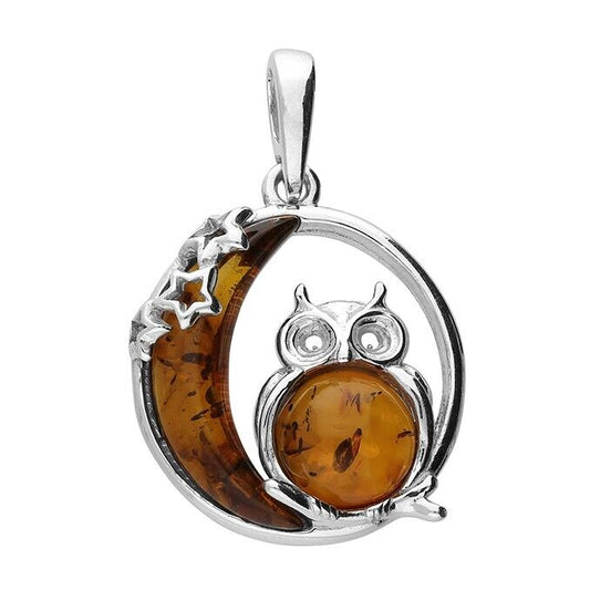 Cognac Amber Owl Moon and Star Pendant and Chain Solid Sterling Silver 925