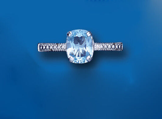 Solitaire Blue Topaz and Diamond Ring Engagement Solid Sterling Silver Ladies