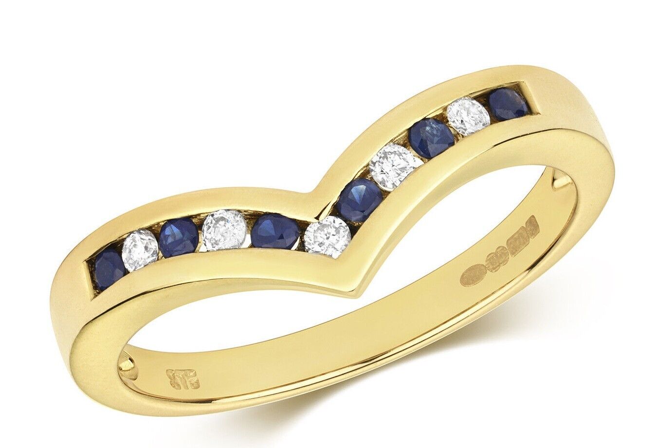 Real Sapphire and Diamond Wishbone Ring Solid Yellow Gold Eternity Band Size J-Q