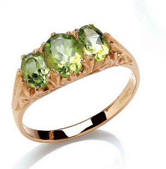 9ct Yellow Gold Peridot Ring Three Stone Trilogy Fully Hallmarked