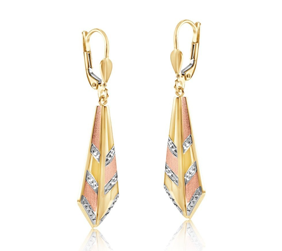 Three Chevron Drop Earrings 9ct Yellow White & Rose Gold 45mm Drops Hallmarked