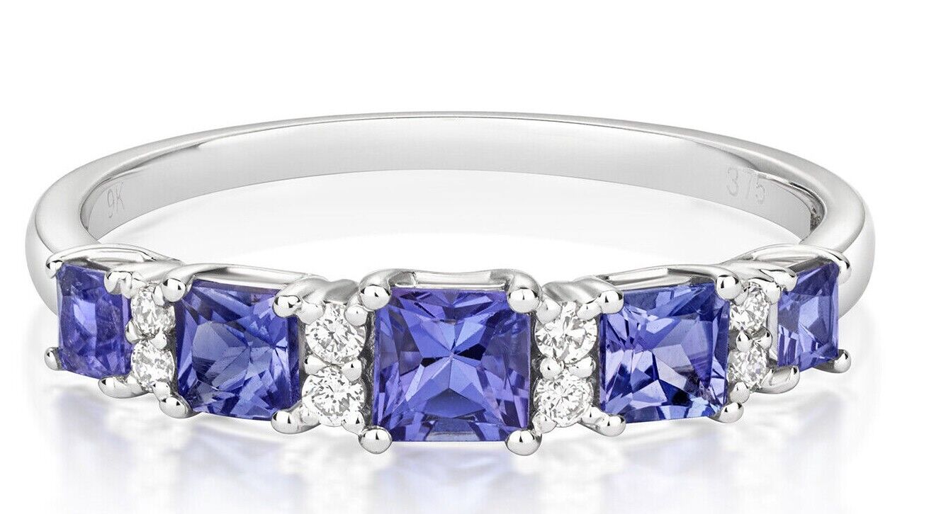 Real Tanzanite and Diamond Eternity Ring Solid White Gold Princess Cut Gems Band