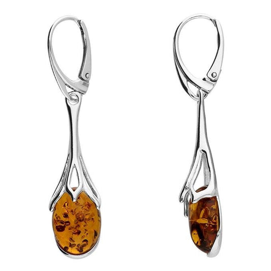 Cognac Amber Sunflower Drop Earrings Solid Sterling Silver 925