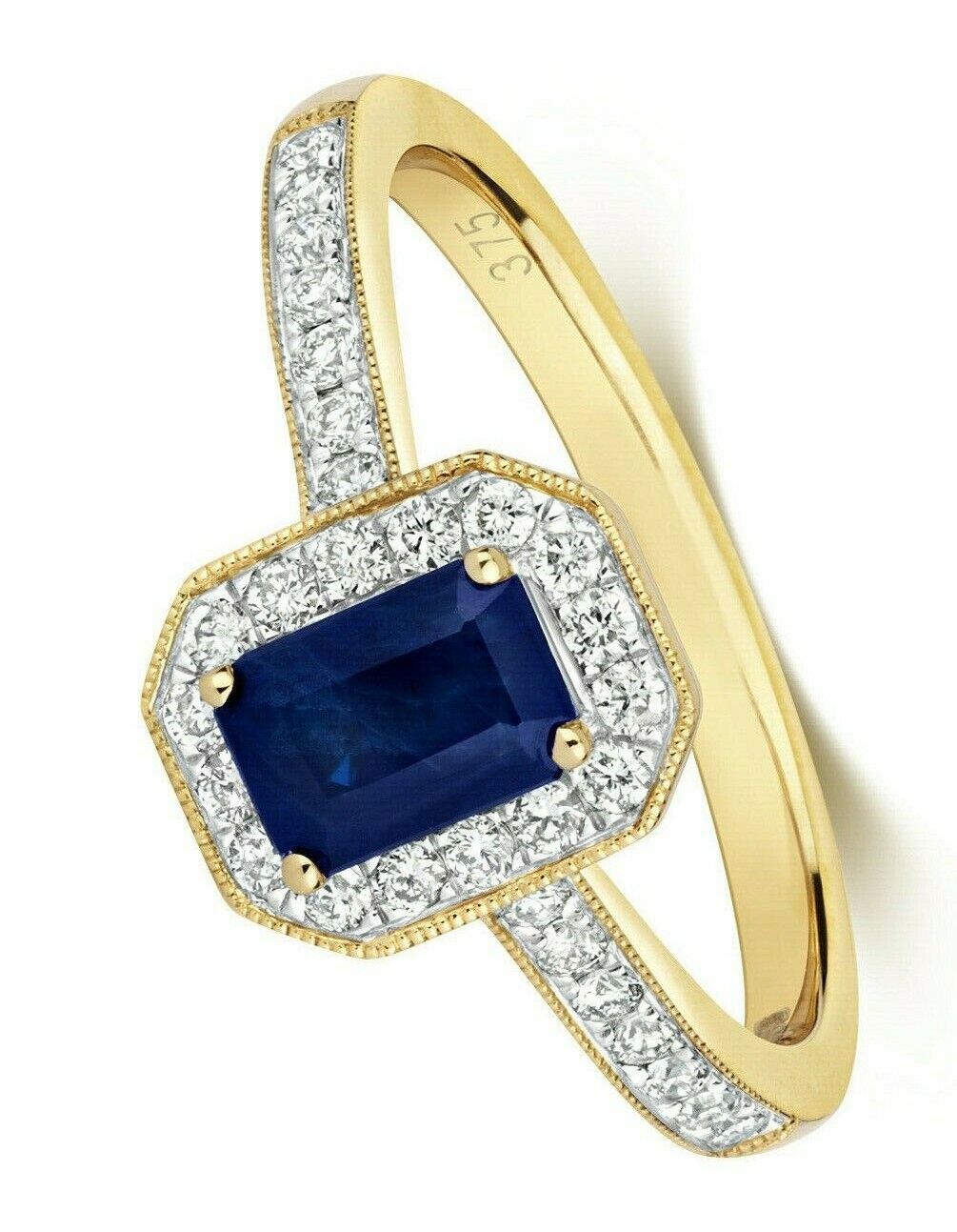 Real Sapphire and Diamond Ring 9ct Yellow Gold Octagon Cluster Size J-Q