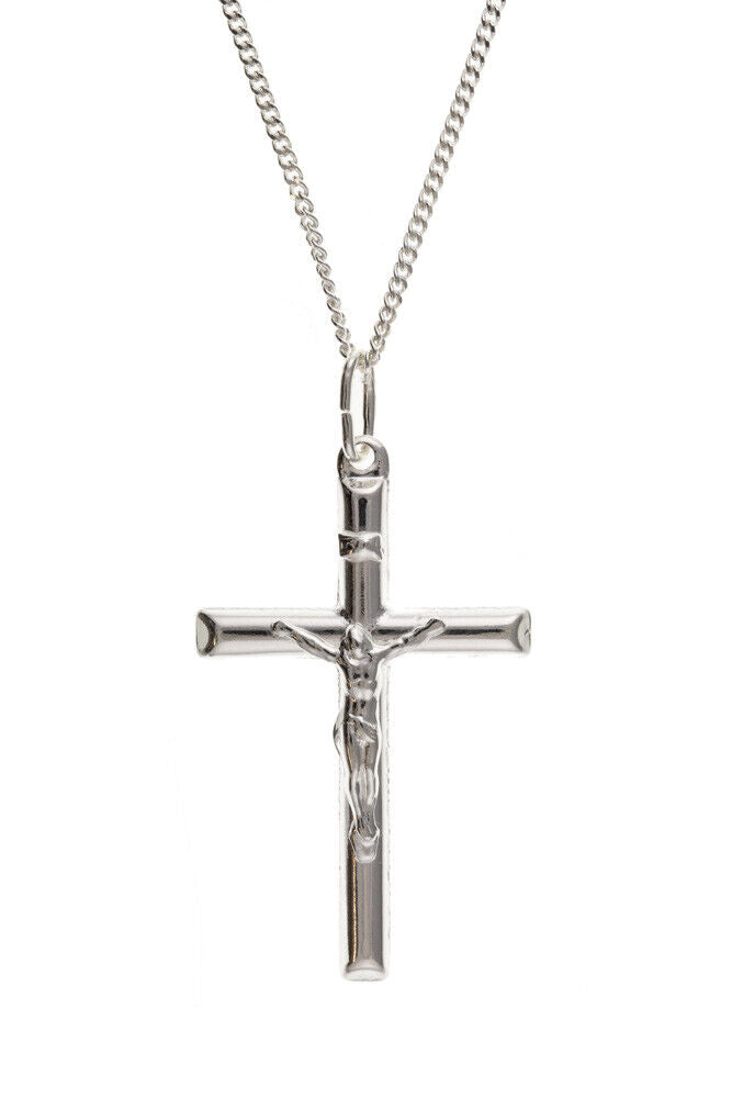 Plain Silver Crucifix Pendant Sterling Silver 925 Hallmark 18" Substantial Chain