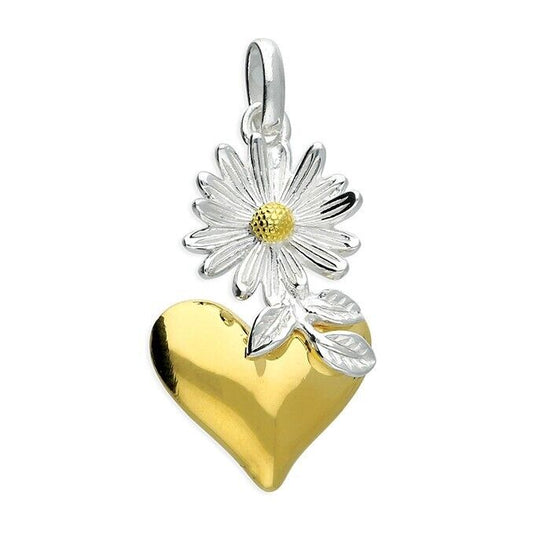 Yellow Gold Plated Daisy with Yellow Gold Plated Heart Pendant 925 Silver