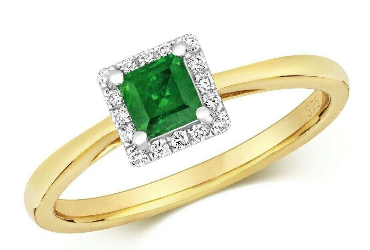 Real Emerald and Diamond Ring 9ct Yellow Gold Square Cluster Engagement