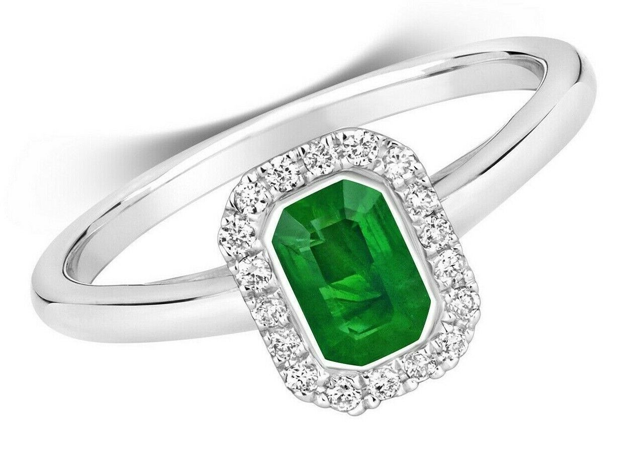 Real Emerald and Diamond Ring 9ct White Gold Octagon Cluster Engagement
