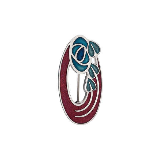 Oval Mackintosh Rose Brooch Red Silver Plated Brand New Gift Packaging