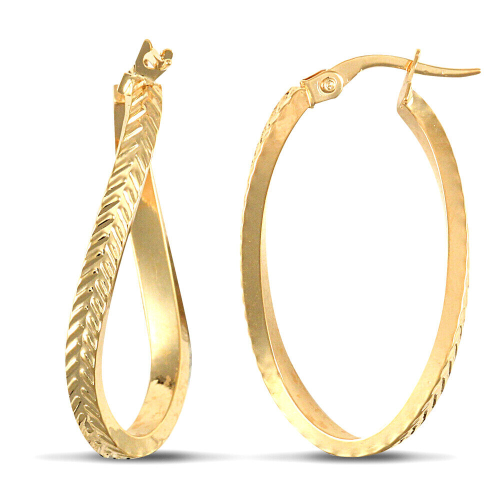 9ct Yellow Gold Light Oval Style Hoop Earrings British Made Hallmarked 35mm