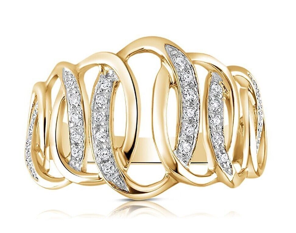 9ct Two Colour Gold Real Diamond Ring Wide Cocktail Dress Engagement Statement