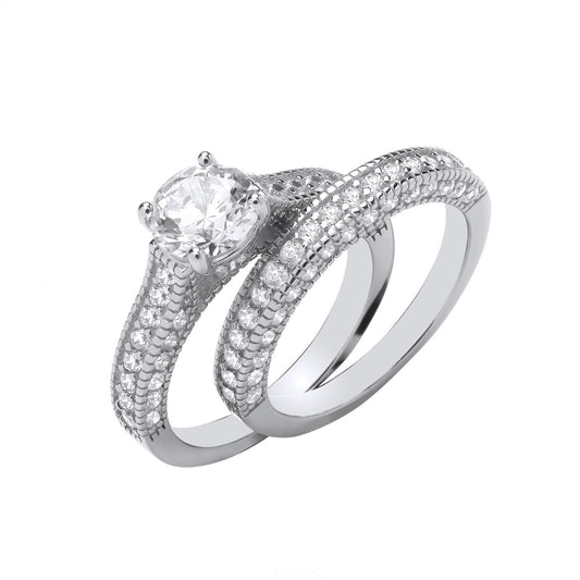 Sterling Silver Solitaire & Half Eternity Bridal Set Ring 925 Hallmark Size J-Q