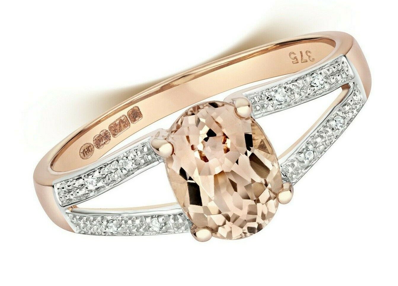 Real Morganite and Diamond Ring Solid Rose Gold Split Shoulder Size J-Q