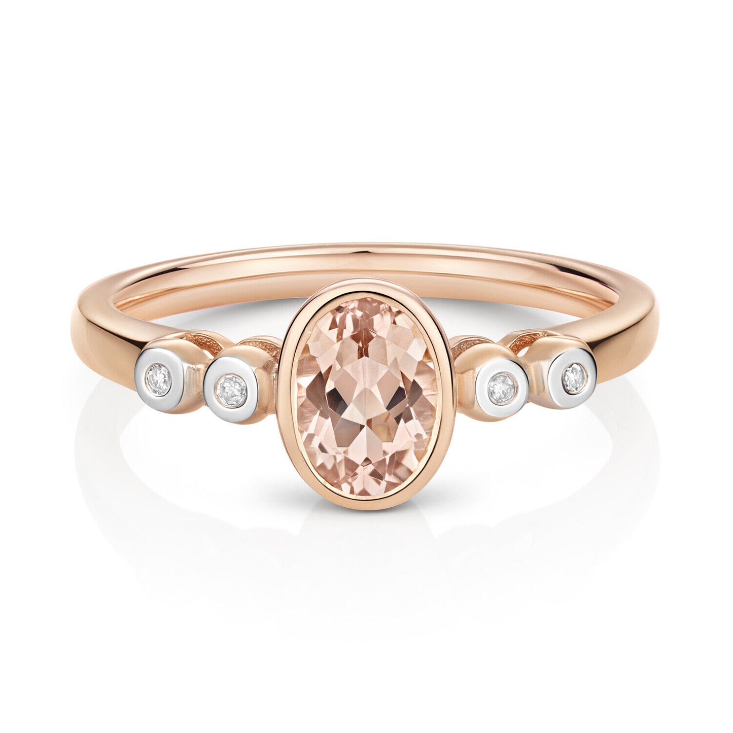 9ct Rose Gold Morganite and Diamond Ring Oval Cut Smooth Set Solitaire