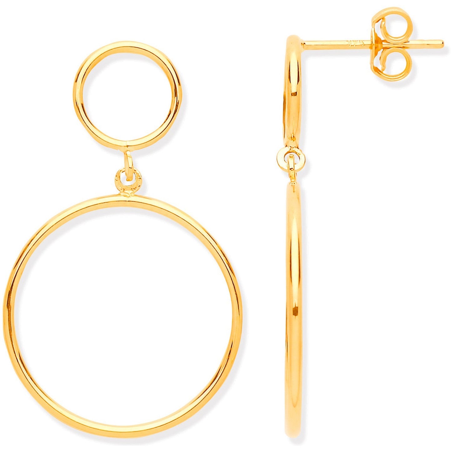 Open Circles Drop Earrings 9ct Yellow Gold 28mm Drops Hallmarked