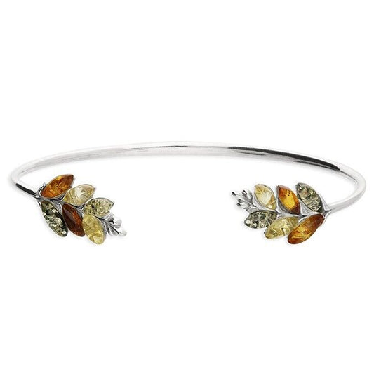 Mixed Amber Leaf Open Cuff Bangle Solid Sterling Silver 925