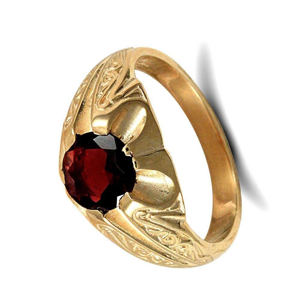 Men's Garnet Solitaire Ring Solid 9K Yellow Gold Hallmarked British made
