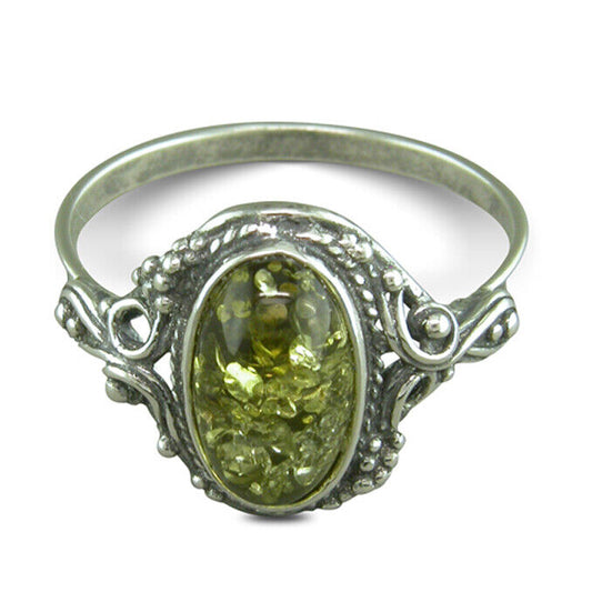 Green Amber Oval Statement Ring With Fancy Surround Solid Sterling Silver 925