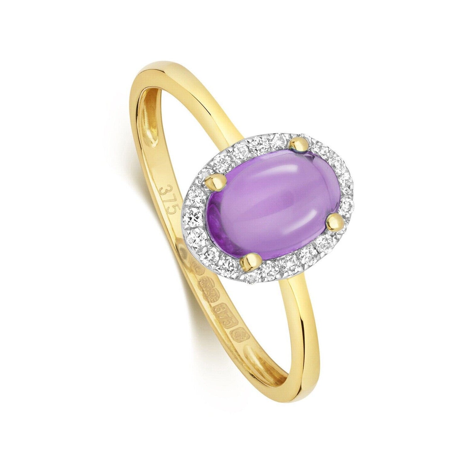 Real Amethyst Cabochon and Diamond Ring Solid Yellow Gold Oval Cluster Size J-Q