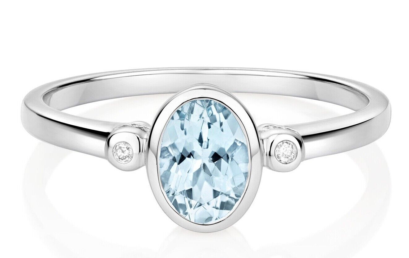 Real Aquamarine and Diamond Ring 9ct White Gold Oval Solitaire Size J - Q