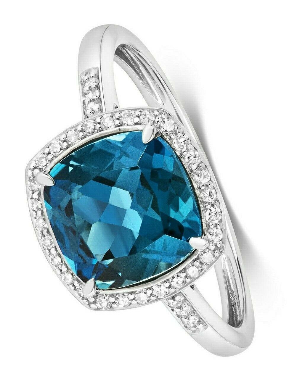 Real London Blue Topaz and Diamond Ring Solid White Gold 8mm Cushion Cluster